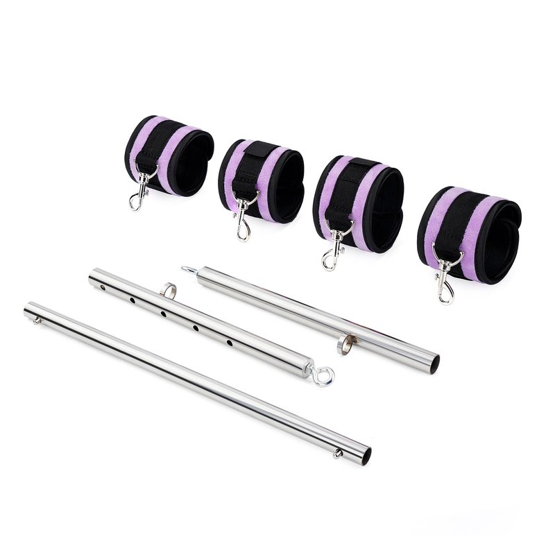Spreader Bar Heavy Duty Stainless Steel Expandable Silver Bar Home Gym with 4pcs Furry Purple Adjustable Straps,Sports Aid Training Fitness Gear Pilates Aid Kit (Silver+Purple Furry Kit)