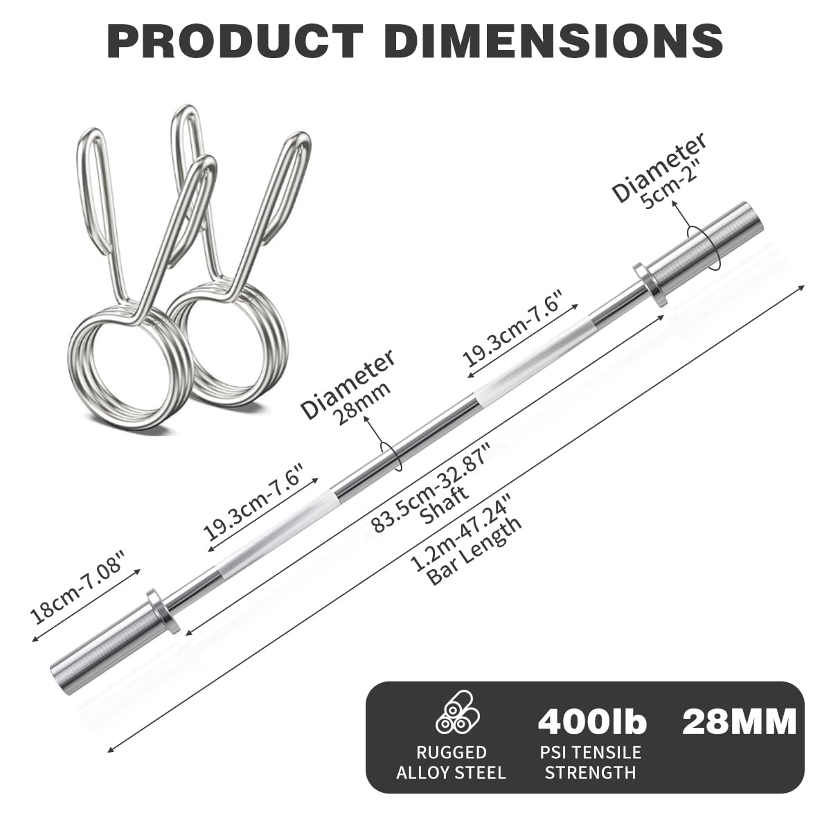 Olympic Barbell 4ft Barbell Set, 2 Inch Barbell for Strength Training with 1 Pair Wrist Straps, Straight Barbell bars Weight Lifting Bar Bells Bar for Bench Press/Deadlift/Squat, 2 Collars(500lb Capacity)