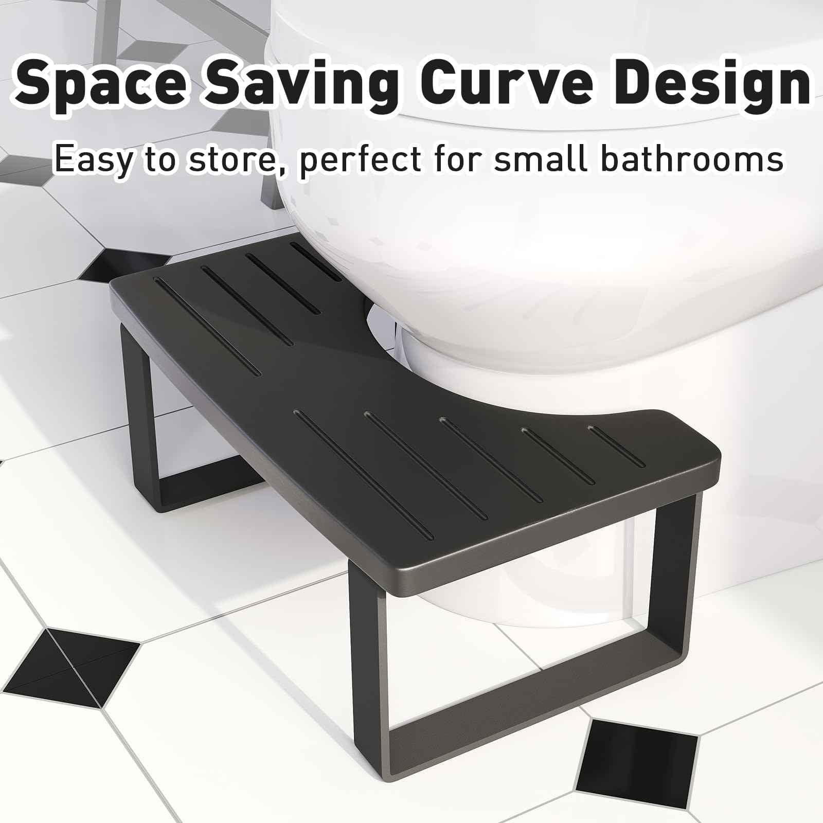 Squatting Potty for Adults, 7in Wooden Poop Stool Adult, Matte Black Bamboo Toilet Stool Squat, Wood Pooping Stool for Bathroom, Toilet Foot Step for Kids with Non-Slip Mat