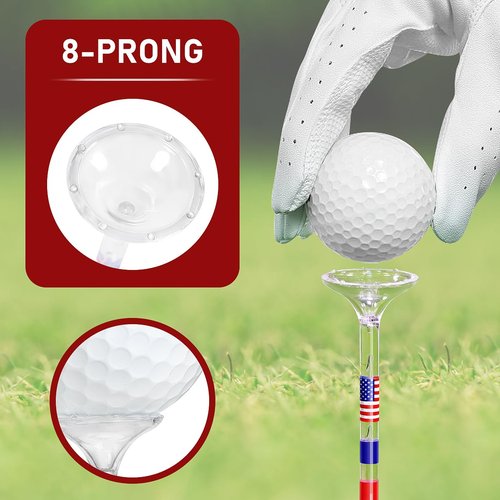 HUAEN Golf Tees, Unbreakable Golf Tees Plastic Golf Tees 3 1/4" Transparent Acrylic Long Golf Tees Bulk, 50/60/100 Pack, Reduces Friction & Side Spin, Big Cup & 8 Prongs, USA Flag Series (60 Pack)