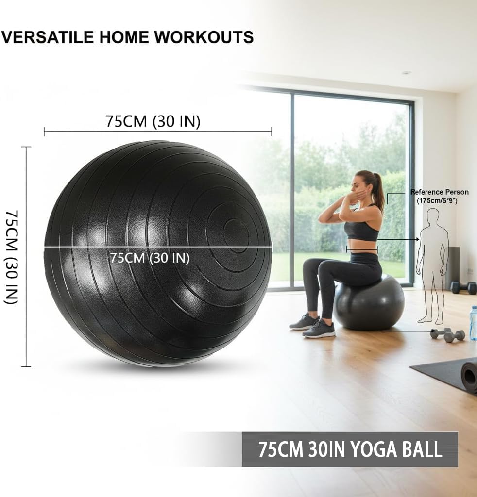 UMEUKEJI 75cm(30in) Extra Large Anti-Burst Yoga Ball with Quick Pump, Non-Slip Stability Exercise Ball for Tall Users, Home Gym, Office Chair, Black