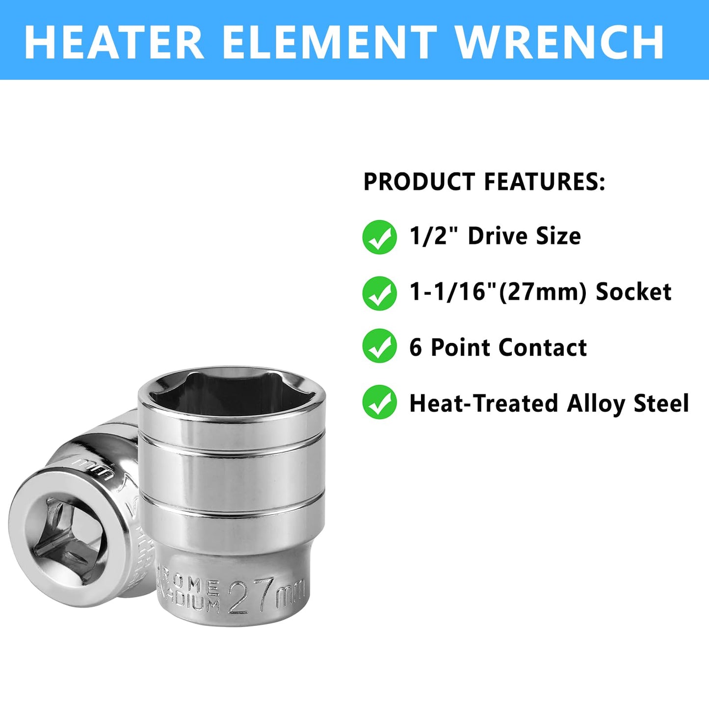 Plus tard RV Water Heater Element Socket Wrench 1-1/16 Inch Socket for Anode Rod with Sealing Tape 1/2-Inch Drive 6-Point Water Heater Socket for RV, Camper Travel