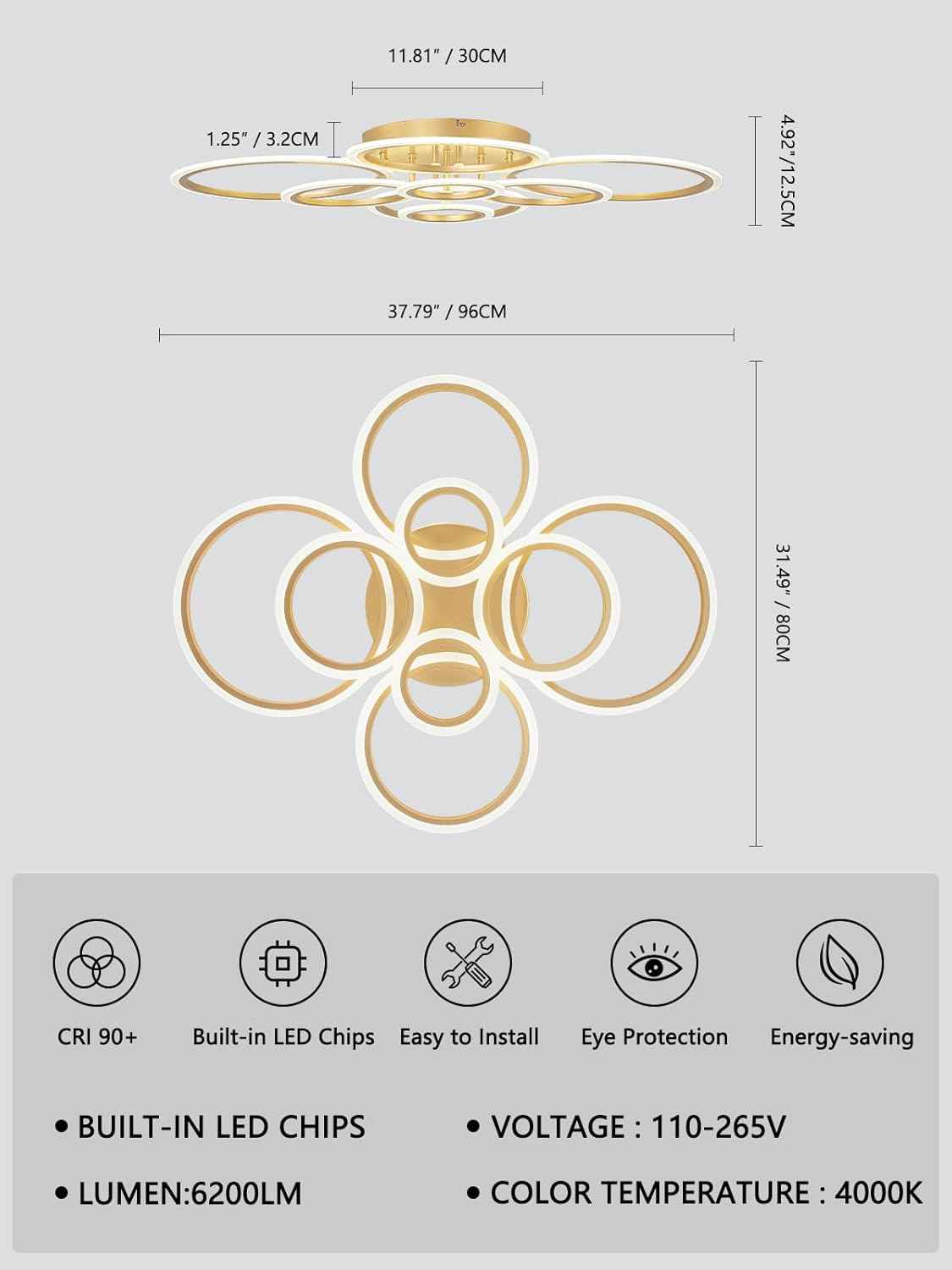 Modern LED Flush Mount Ceiling Light - 4 Rings 4000K Fixture for Kitchen & Living Room