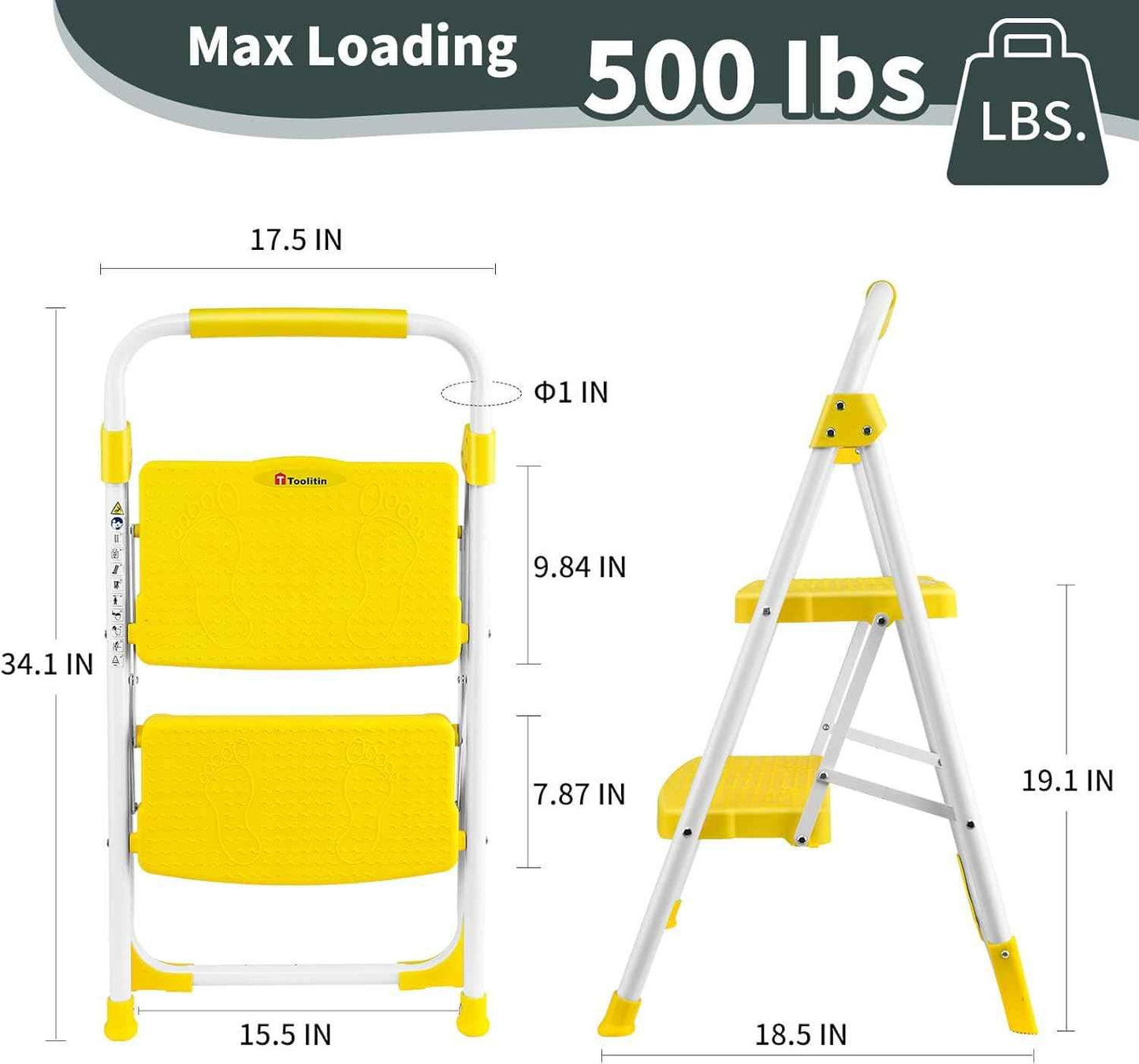 Portable 3-Step Folding Ladder - Sturdy Steel Step Stool with Anti-Slip Pedal & Handgrip, 500lbs Capacity for Home & Office