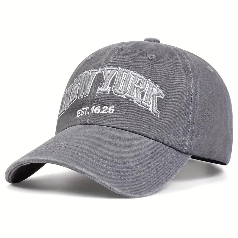 New York Embroidered Baseball Cap - Distressed Gray Dad Hat
