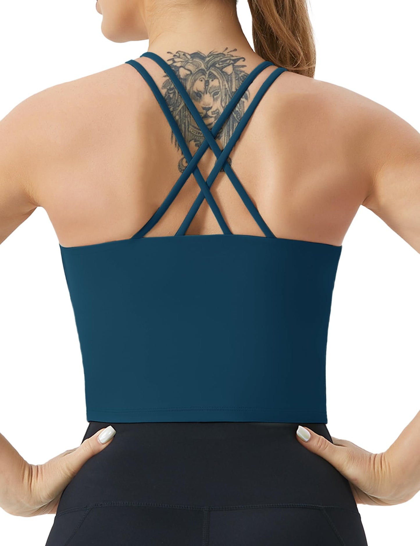 THE GYM PEOPLE Women's Cross Back Sports Bra Halter Neck Workout Crop Tank Tops with Removable Pads Dark Blue Green