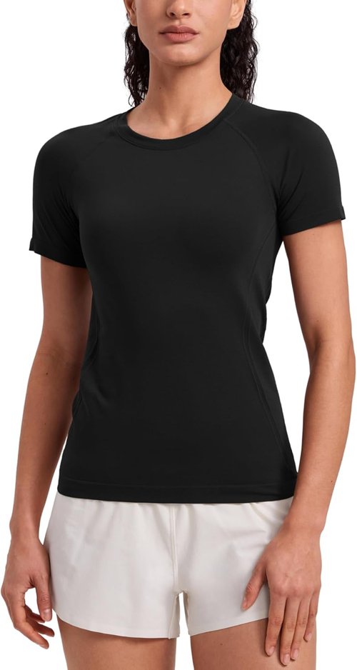 CRZ YOGA Seamless Workout Tops for Women - Breathable Short Sleeve Gym & Yoga Tees in Hip Length