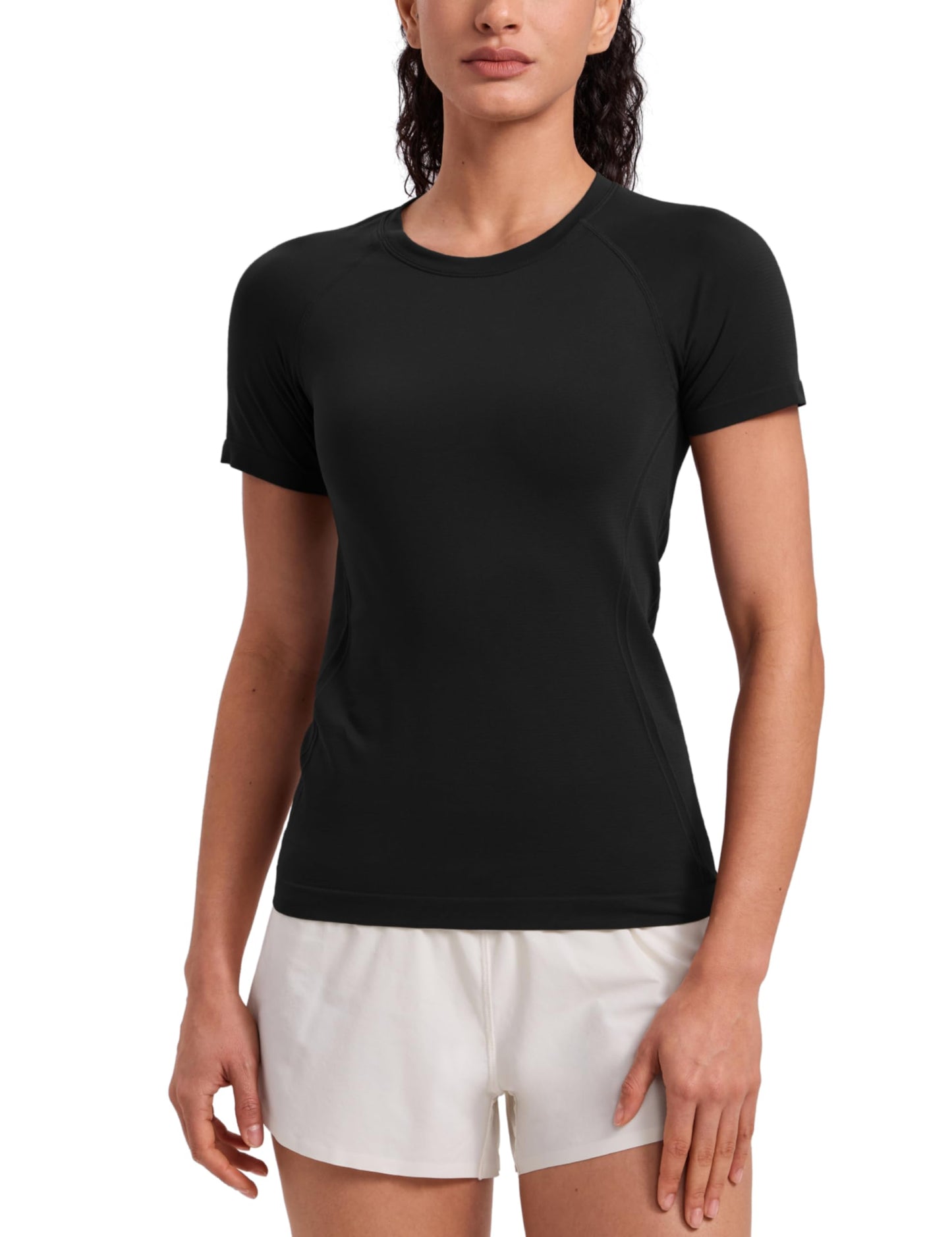 CRZ YOGA Seamless Workout Tops for Women Hip Length - Athletic Running Gym Yoga Short Sleeve Shirts Breathable Crewneck Tees Hibiscus Purple Medium