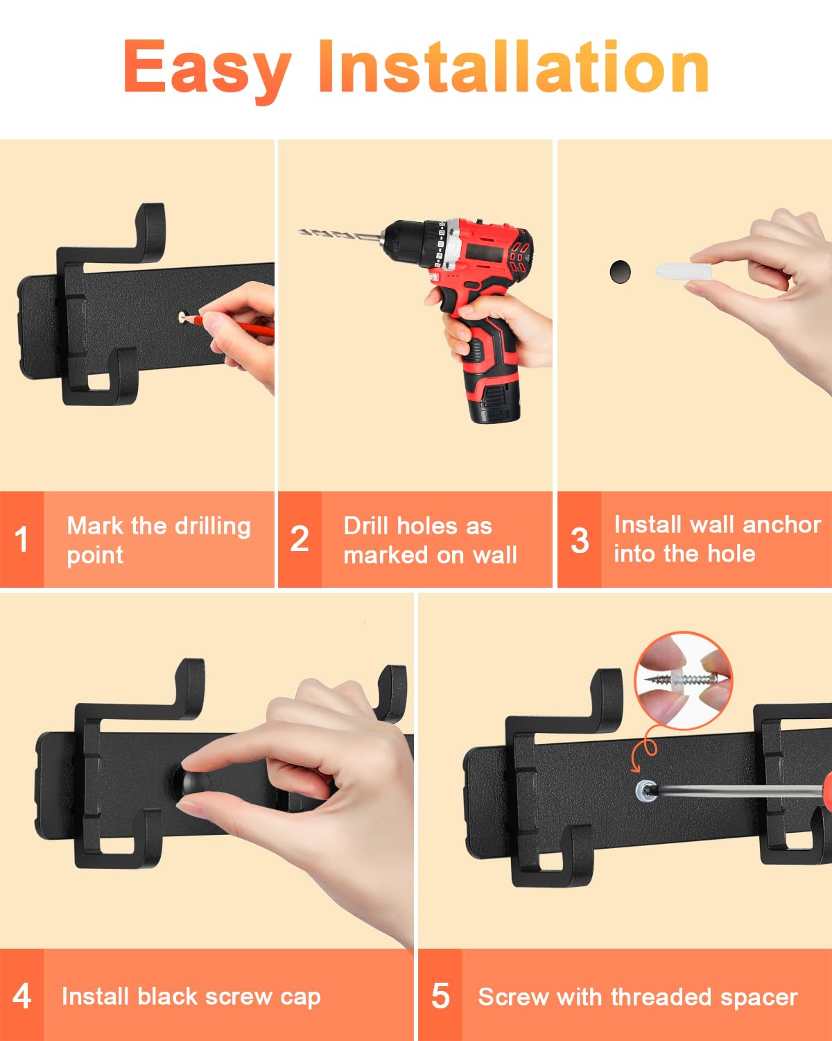 DECLUTTR 2 Pack Coat Rack Wall Mount, 5 Heavy Duty Hooks for Hanging Entryway, Metal Hat Rack, Towel Hanger, Black