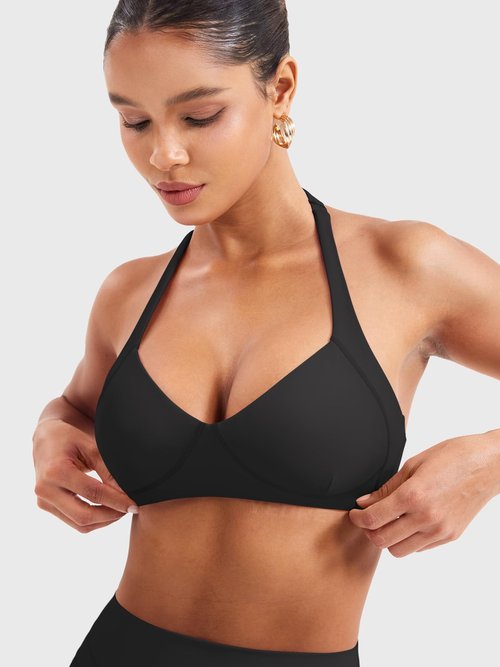 YEOREO Women Halter Sports Bra Light Support V Neck Padded Strappy Open Back Workout Gym Tops Black M
