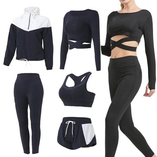 MISDENK Workout Sets for Women, 5 PCS Gym Athletic Sets Yoga Running Outfits Tracksuit Activewear Sports Clothes (Blue, L)