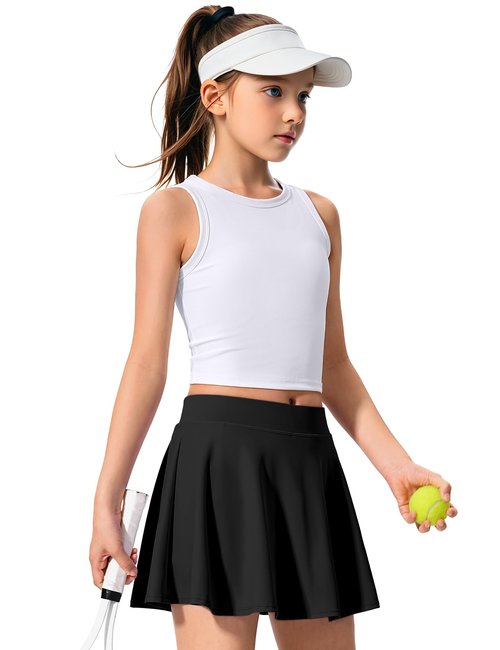 JOCMIC Girls Tennis Skirt with Pockets Athletic Skort Inner Shorts for Golf Running Sports Black 9-10 Years