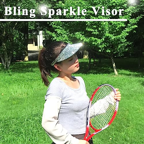 Kejea Women Men Sun Visor Hat Silver Black Adjustable Rhinestone Bling Sports Beach Cap 6 3/4-7 1/4