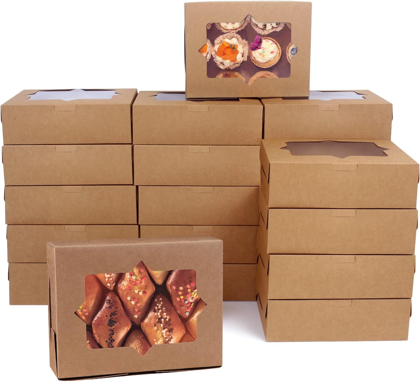 Wei Long Cookie Boxes - 20 Pcs Bakery Treat Boxes with Window - 8x6x2.5 Inches, 3 Styles for Muffins & Donuts