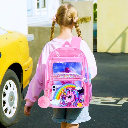 FTJCF 3Pcs Pink Clear Backpack for Girls, kids Transparent Bookbag, Heavy Duty PVC See Through Backpack Set(Pink Unicorn)