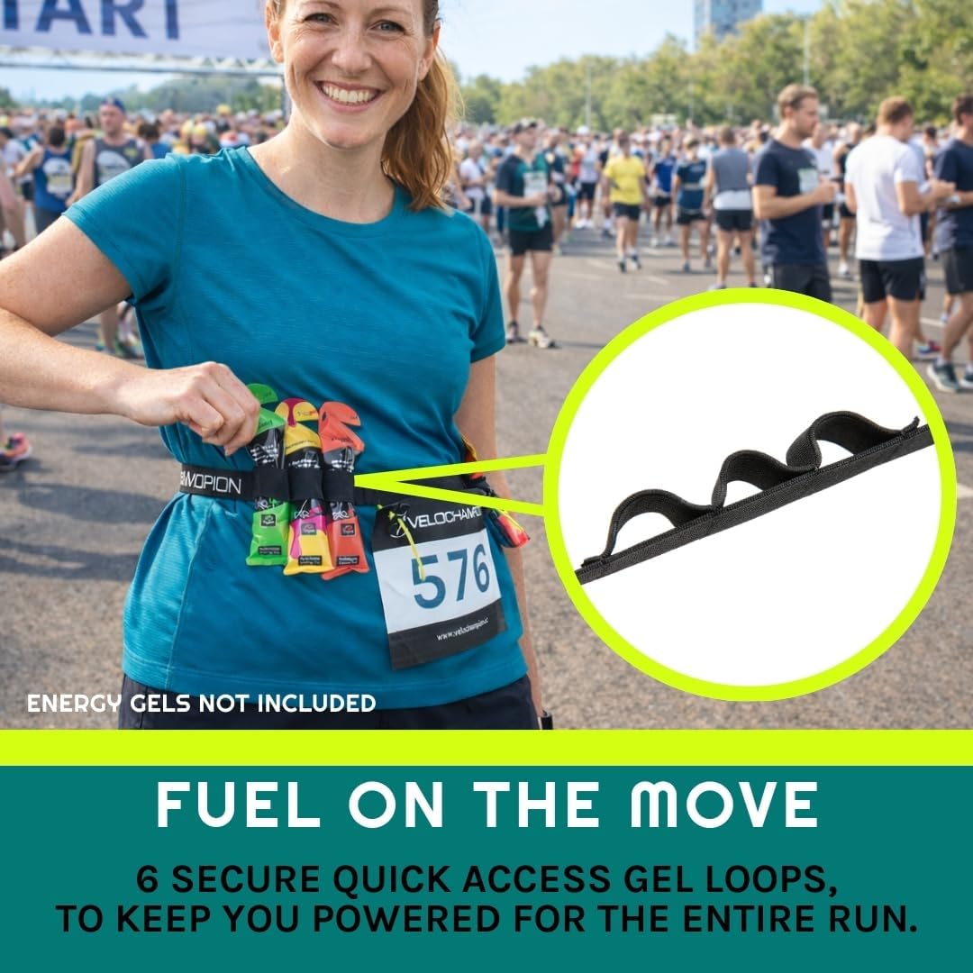 VeloChampion Lightweight Running Belt - Elasticated Fit with 6 Energy Gel Loops | No Pins Needed