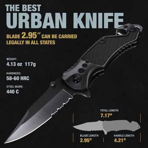 Good Worker Legal Pocket Knife - 2.95” Serrated Blade, Glass Breaker & Seat Belt Cutter | EDC Folding Knife for Camping & Survival