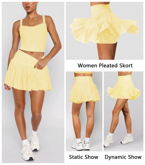 Hragc Women's Mini Yellow Skirt Skort Flowy Pleated High Waisted Ruffle Medium Tennis Skirts for Women Athletic Skater Golf with Shorts Pockets