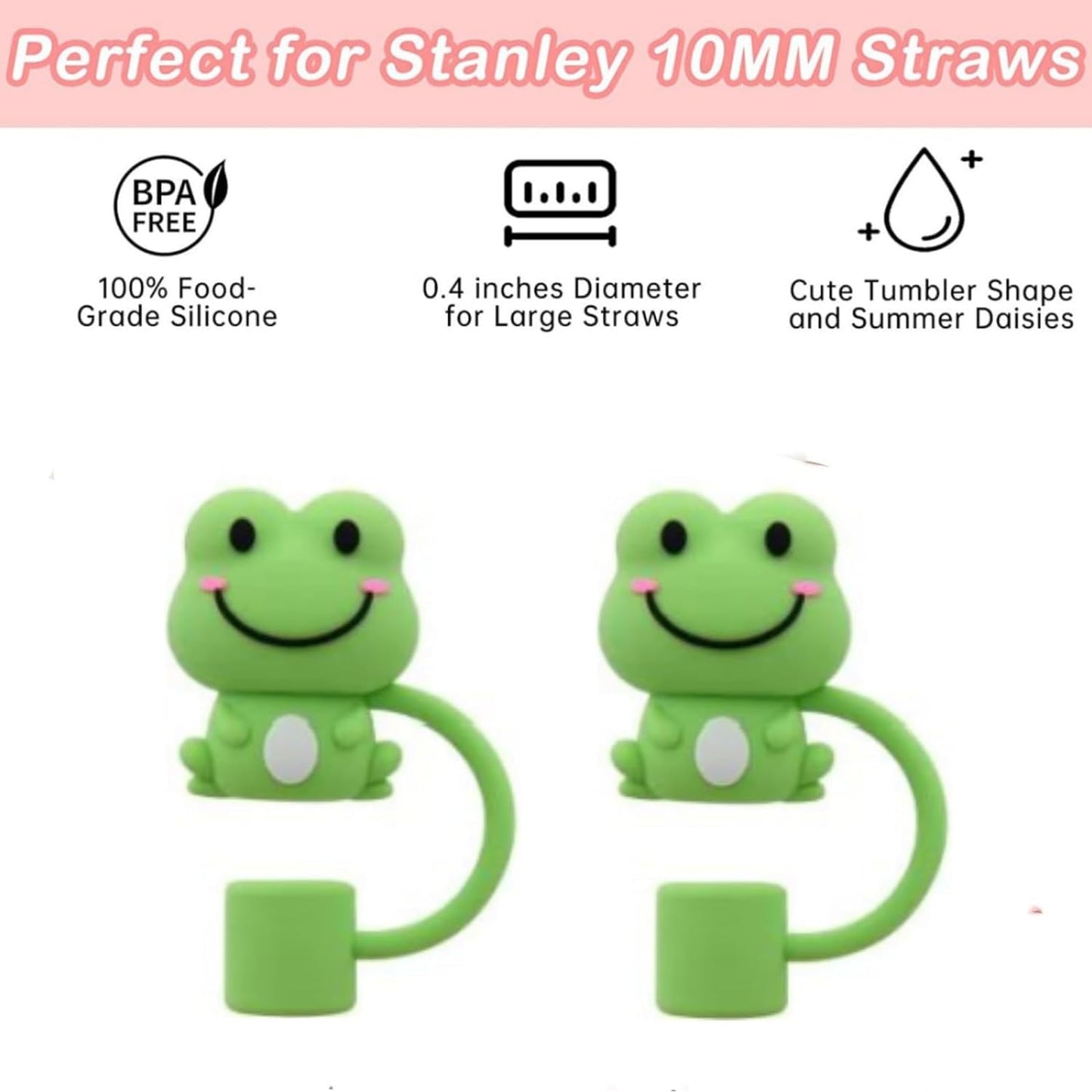 2Pcs Green Frog Straw Cover for Stanley Cup, Silicone Covers Compatible for Stanley Mug, Toppers for Stanley 30oz/40oz Tumblers, Reusable Drinking Straws, 10 mm (JLY066)