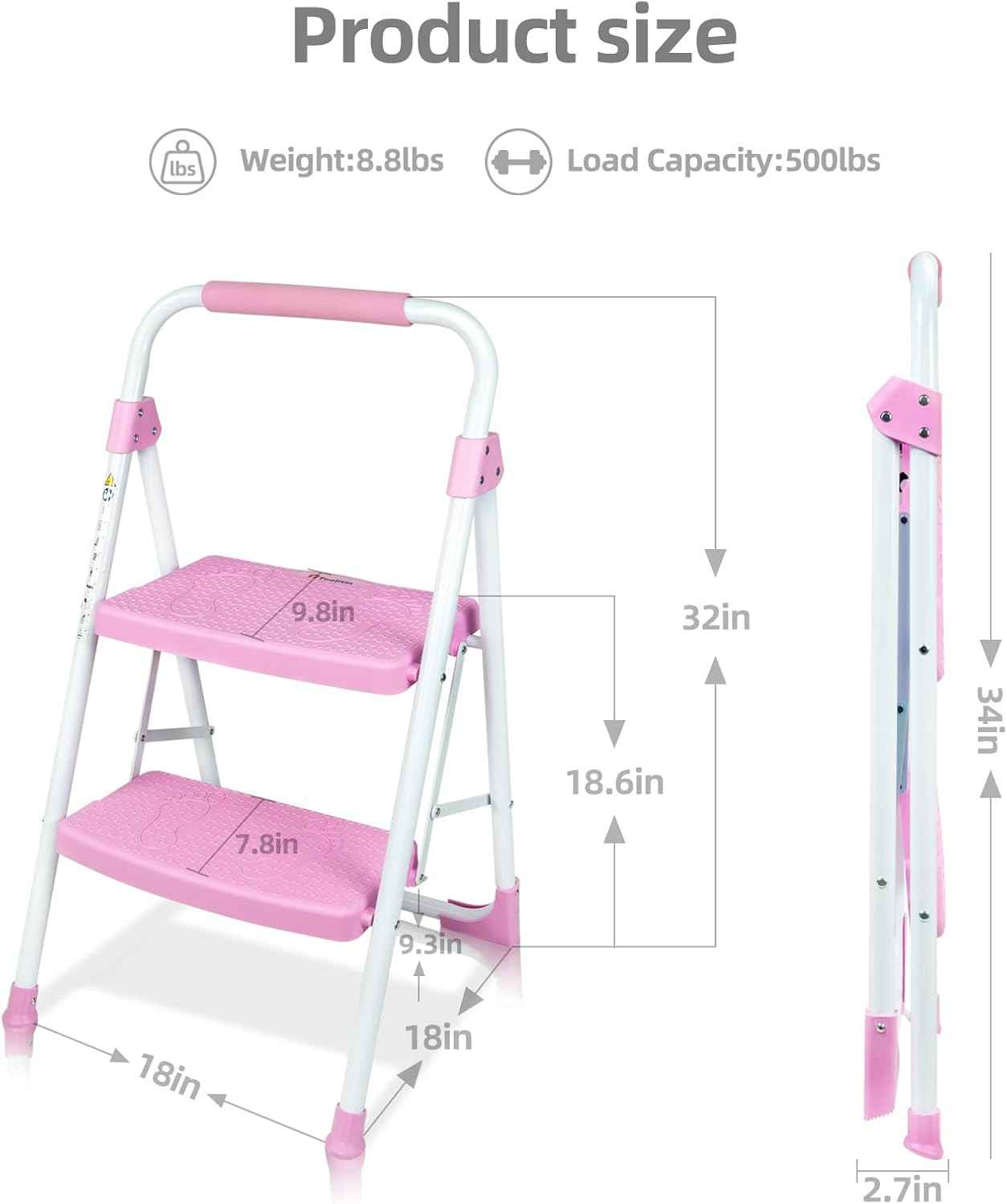 Portable 3-Step Folding Ladder - Sturdy Steel Step Stool with Anti-Slip Pedal & Handgrip, 500lbs Capacity for Home & Office