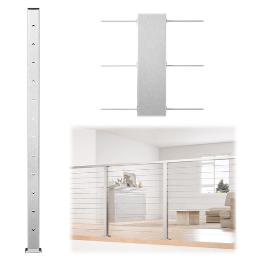 Muzata Cable Railing Post 42 Inch 42"x2"x2" Level Drilled Surface Mount Brushed T304 Stainless Steel Cable Railing System Kit Indoor Outdoor with Paper User Guide PS02 LH4L