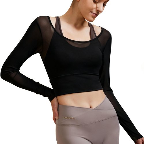 Harssidanzar Women's 2 in 1 Yoga Long Sleeve Mesh Gym Athletic Tops Workout Shirts with Medium Support Sports Bra CL301US, Black, Size Small