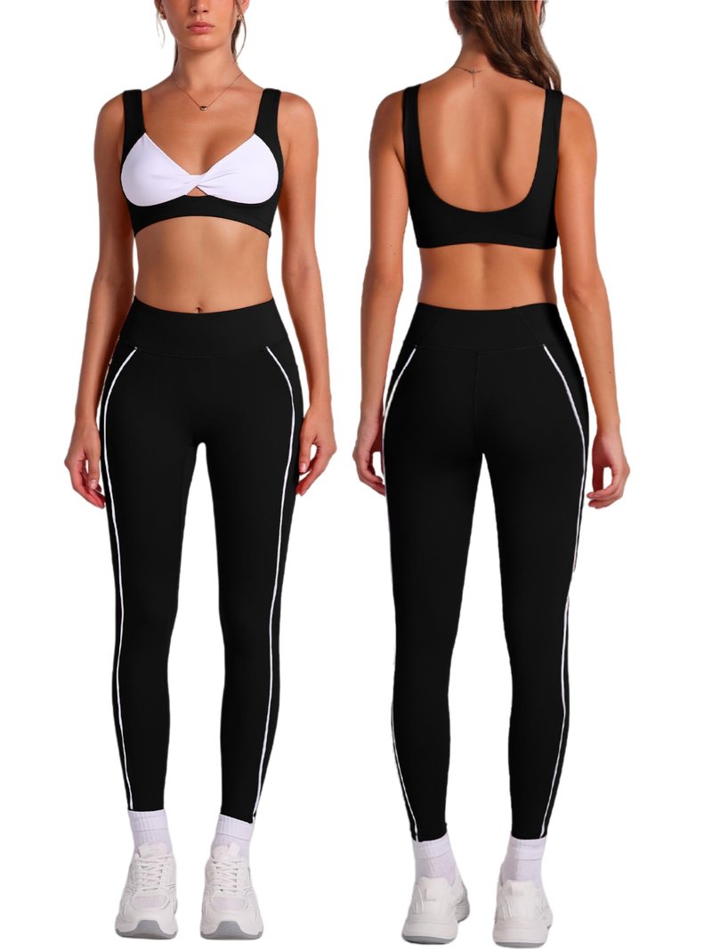 ABOCIW Workout Sets for Women 2 Piece Contrast Trims Twist Front Sports Bra High Waist Leggings with Pockets Gym Sets Activewear Yoga Pilates Outfits Black X-Large