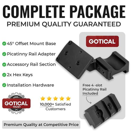 Gotical 45 Degree Angled Low Profile Offset RMR Footprint Red Dot Base, Front and Back Position Red Dot Riser Black Finish Type III Hard Coat Anodized
