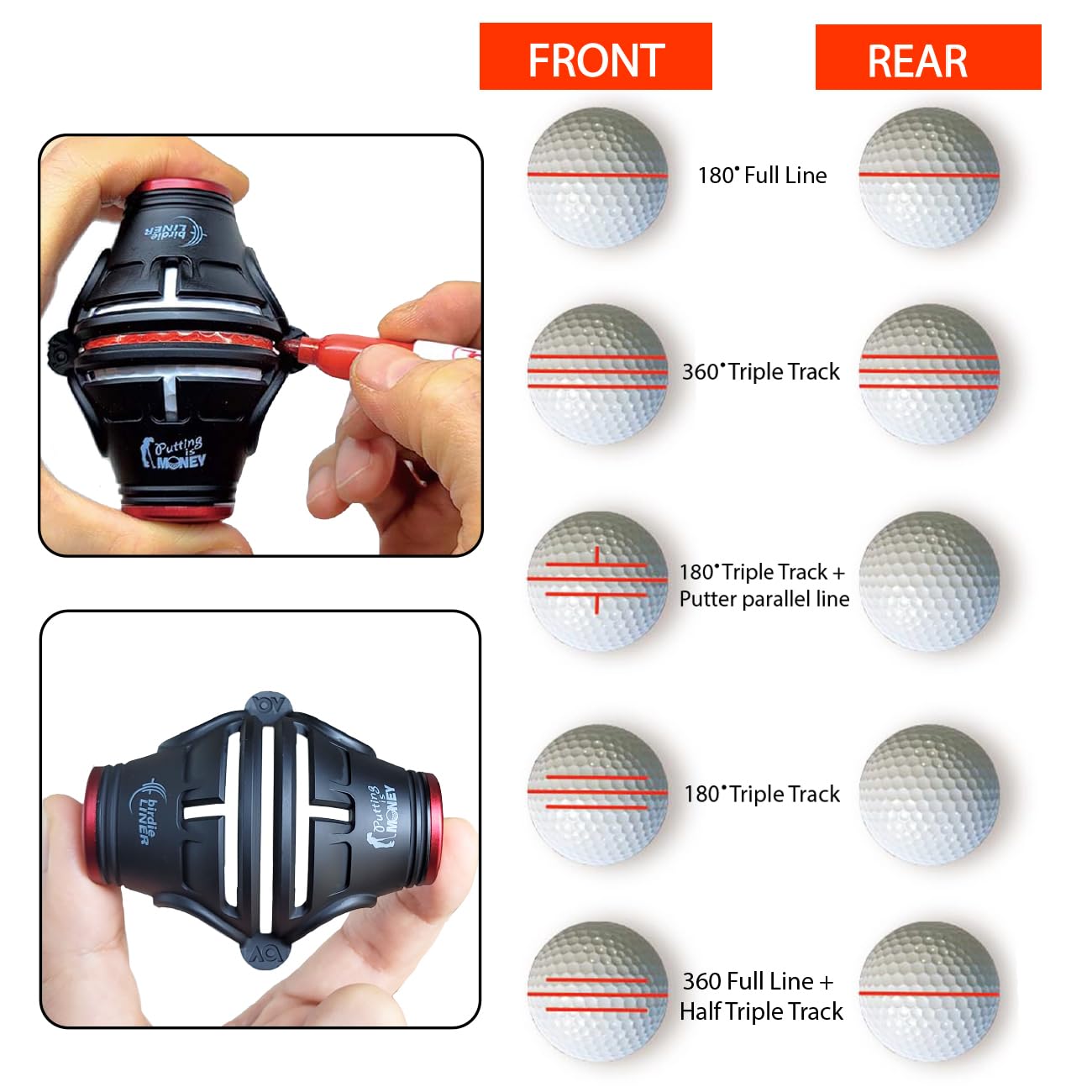BIRDIE79, Golf Ball Line Marker Tool Kit Set. 360 Degree 3-Line Plus Vertical Line Putting Alignment & Triple Track Standing Ball Marker with Adjustable Tilt Angle, Confidence Liner Accessories.