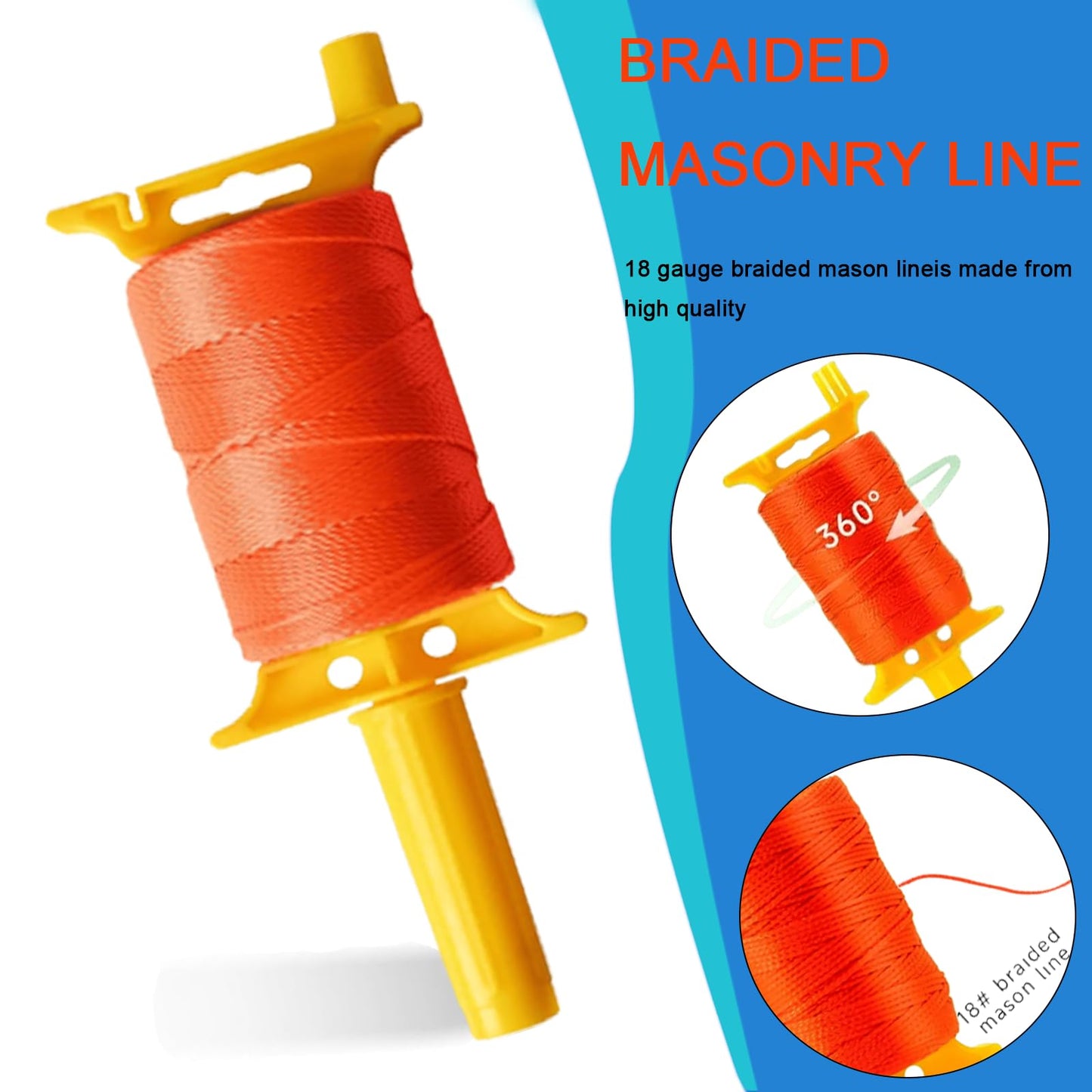 Mason Line with Handle, Reloadable Reel, #18 Braided Nylon Line, 600 Feet of High Strength Nylon Line for Gardening or Masonry Tools, Kite Twine, Fluorescent Yellow