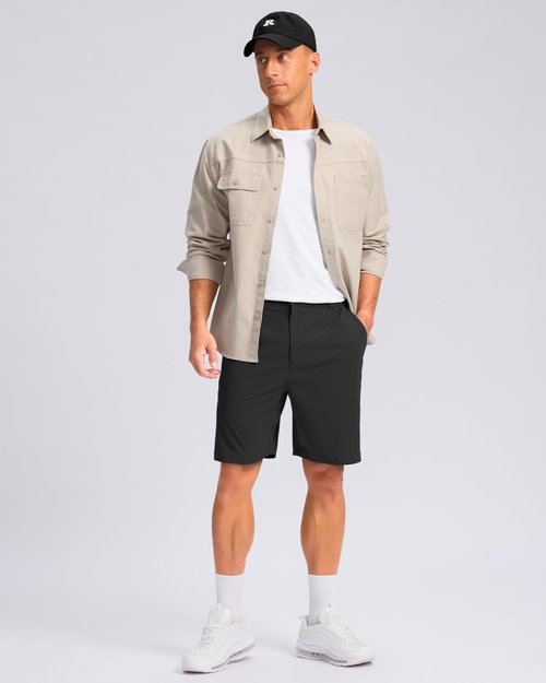 Pudolla Men's Casual Shorts 9" Lightweight Golf Shorts with 3 Pockets Stretch Quick Dry Comfy Work Shorts（Black 9_L