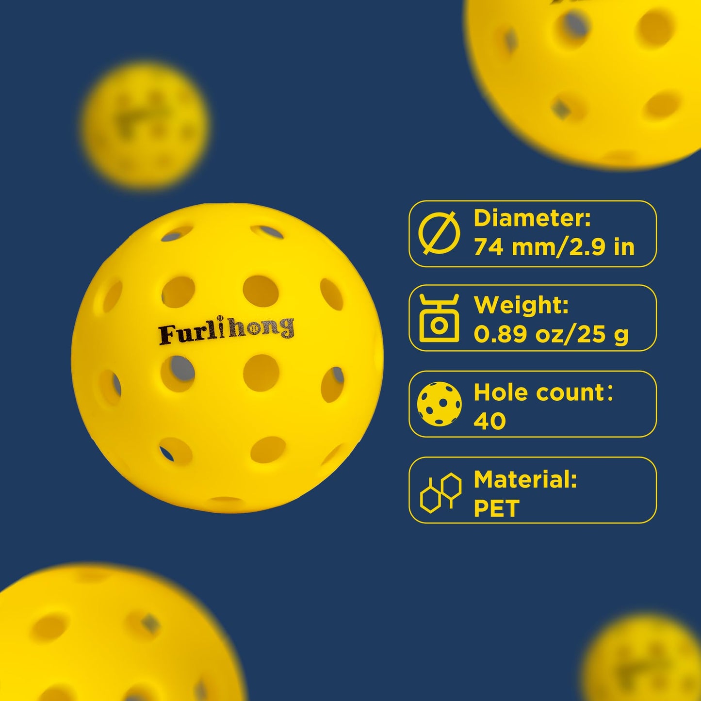 Furlihong Outdoor Pickleball Balls 16-Pack, 40-Hole, 74mm / 2.9" Durable Pickleballs, Compatible with All Pickleball Machines - Yellow