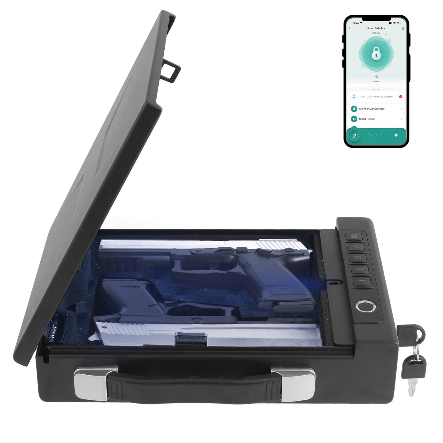 Portable Biometric Gun Safe for Handgun - Gun Safe for Car, Pistol Safe with 4 Ways: Fingerprint, Digital PIN, Key and APP Lock, Gun Lock Box with Sound for Nightstand, Cloakroom (Battery)