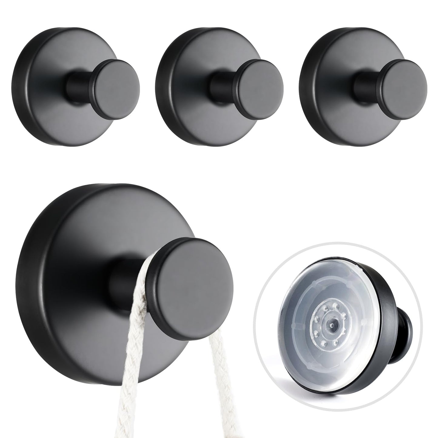 4 PCS Suction Cup Hooks for Shower, Stainless Steel No Drill Towel Hooks, Reusable Sticky Silicone Base for Bathroom Wall, Glass, Mirror, Tile to Hang Loofahs, Robes (Matt Black)