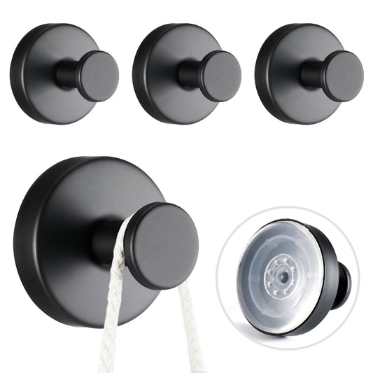 4 PCS Suction Cup Hooks for Shower, Stainless Steel No Drill Towel Hooks, Reusable Sticky Silicone Base for Bathroom Wall, Glass, Mirror, Tile to Hang Loofahs, Robes (Matt Black)