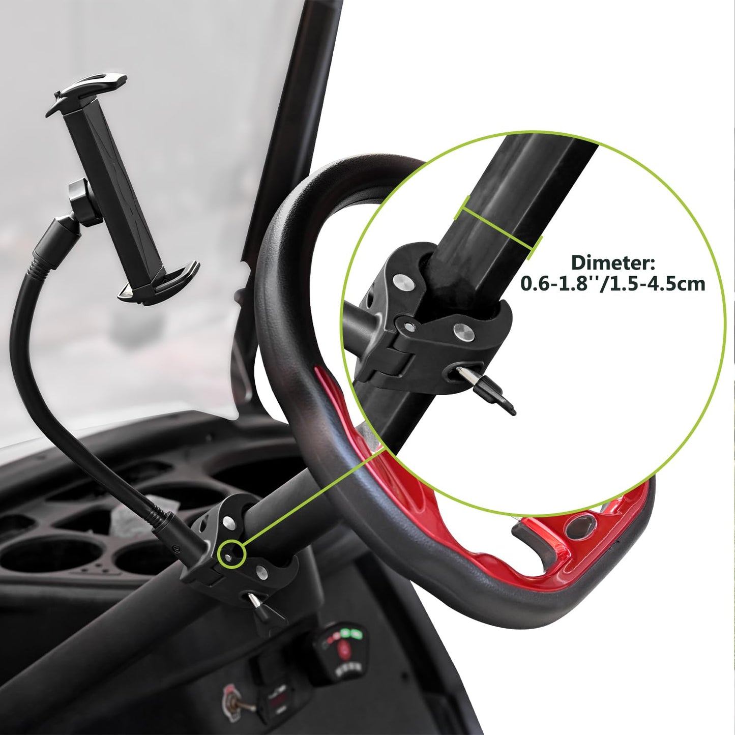 Urgown Golf Cart Tablet Phone Holder with Extended Arm, Steering Column-Mounted Tablet/Phone Mount, Length Adjustable/360° Rotatable, Universal Compatible with 4-13'' Devices, Round Clip