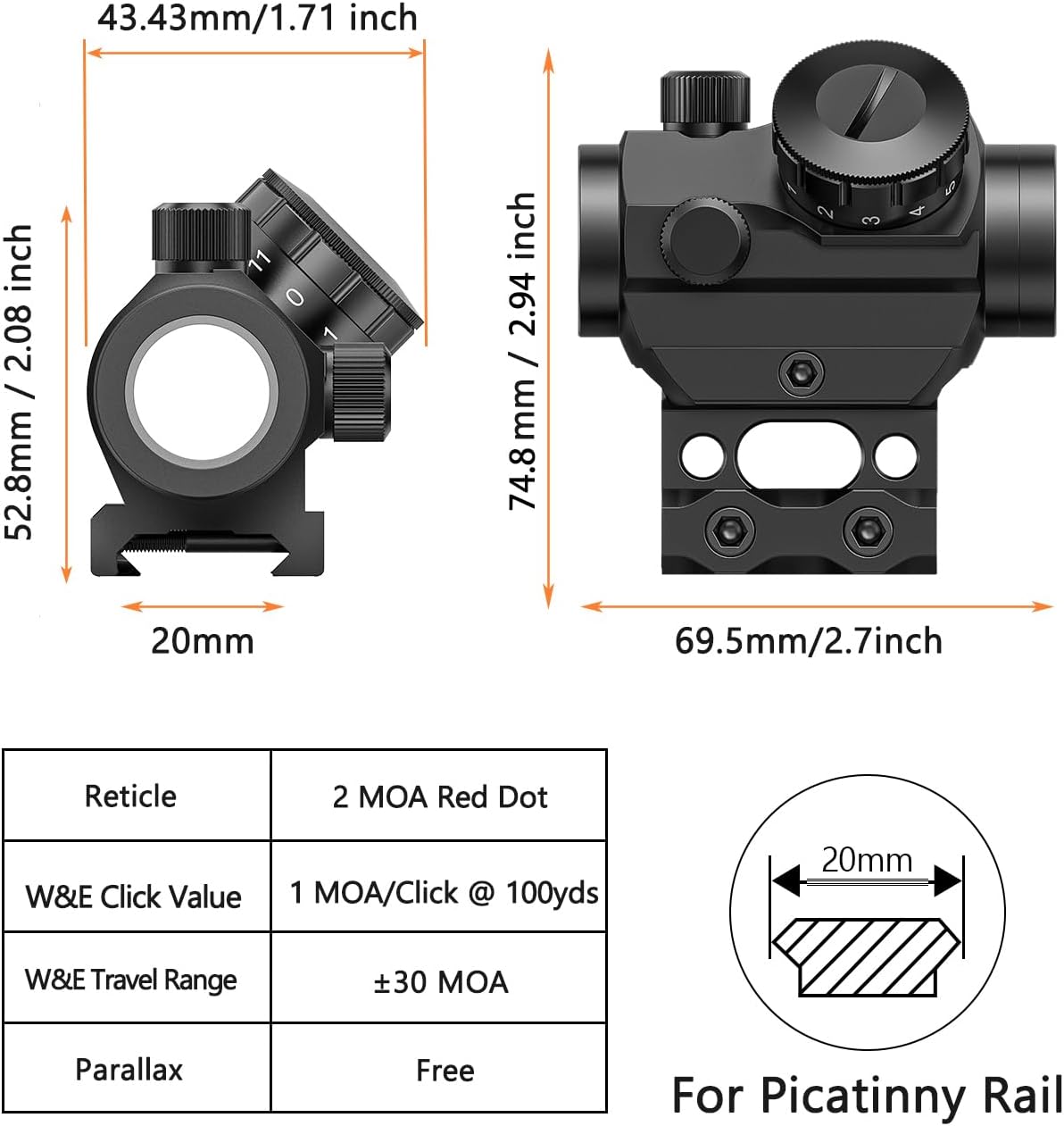 MidTen 2MOA Red Dot Sight - Waterproof & Shockproof Reflex Scope | 1x25mm with 1-Inch Riser Mount