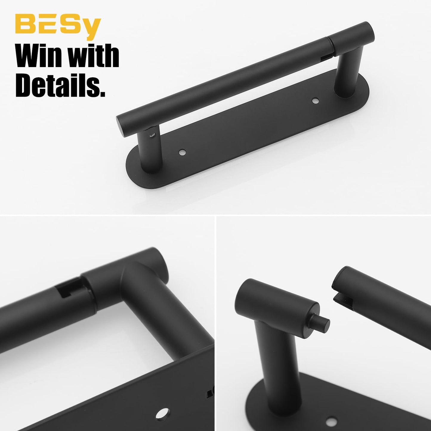 BESy Adhesive or Screw Toilet Paper Holder Wall Mount Rustproof Modern Roll Holder Flexible Pivoting Adjustable Tissue Handle with Self Adhesive or Mounted with Screws Stainless Steel Matte Black