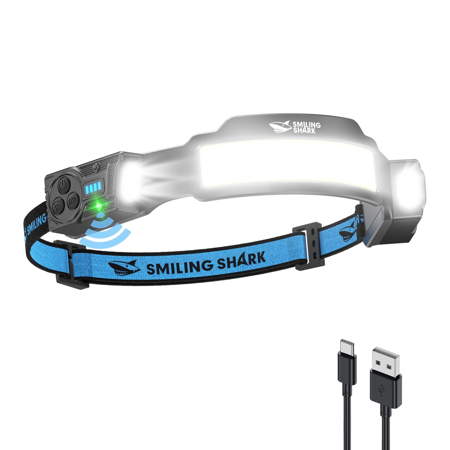 Smiling Shark TS-4 Headlamp, Dual Spotlight with 4X Floodlight & Strobe LED Head Torch Rechargeable 2400mAh Long-Lasting Hands-Free Design for Camping Hiking Running Jogging (2 Pack)