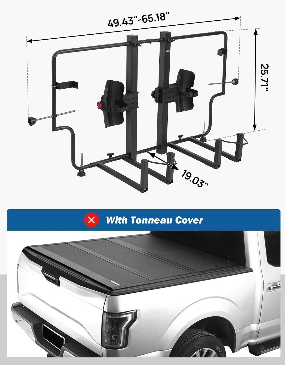 JOYTUTUS Truck Bed Bike Rack for Mid Size Pickup, Heavy Duty Bicycle Mount Carrier, Anti-Wobble Truck Bed Rack, No Tire Removal Required, Fits Truck Beds 49.43" – 65.18" Wide