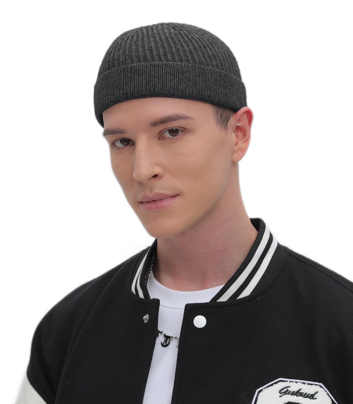 ROYBENS Thin Swag Wool Knit Cuff Short Fisherman Beanie for Men Women, Winter Warm Hats,Trawler Watch Hat Soft Spring Fall Skull Cap Unisex Dark Gray