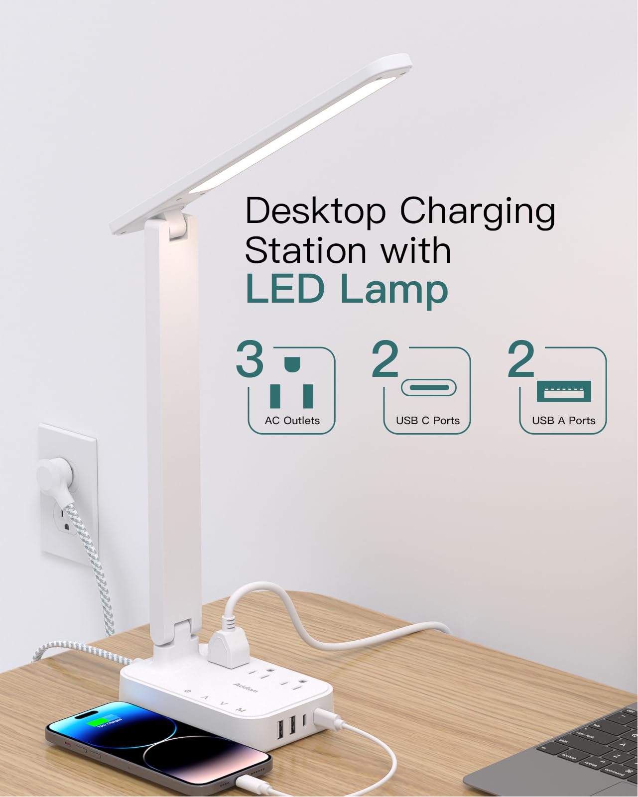 Addtam LED Desk Lamp, Power Strip with 3 Outlets 4 USB Charging Ports(2 USBC), 4 Modes 5 Level Brightness Touch Lamp, Small Desk Lamp for Home Office College Dorm Room Essentials, White