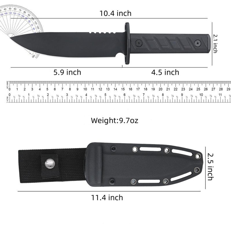 0006 Fixed Blade Knife with Kydex Sheath, 5.9 inch CPM 3V Drop Point Blade with Black G10 Handle, Full Tang Fixed Blade Survival Hunting Knife, for Outdoor, Camping and Hunting
