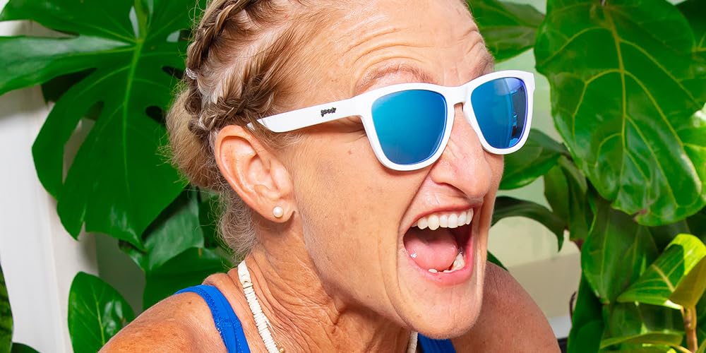 goodr Iced By Yetis Polarized Sunglasses for Men & Women, White Solid Frame with Blue Reflective Lens, UV400 Protection, No Slip
