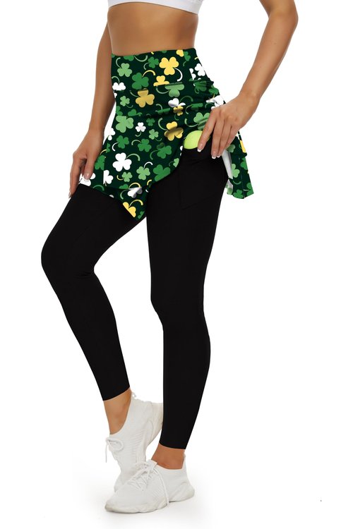 Tennis Skirted Leggings with Pockets for Women Golf Skapri Leggings with Skirt (M, 2-Layer St-Patricks Day)
