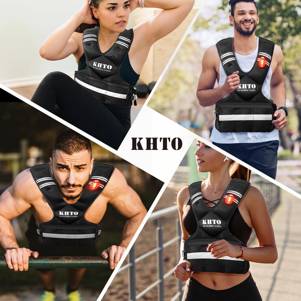KHTO Adjustable Weighted Vest for Men and Women – X Shaped Weight Vest with Warning Light, Reflective Strip – Weighted Walking Vest Strength Training Weight Vests for Home, Gym (11-20lb)