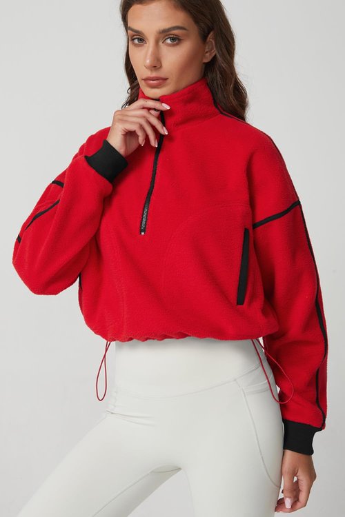QINSEN Half Zip Fleece Pullover for Women Active Winter Warm Crop Sweater Drawstring Fit Top Red S