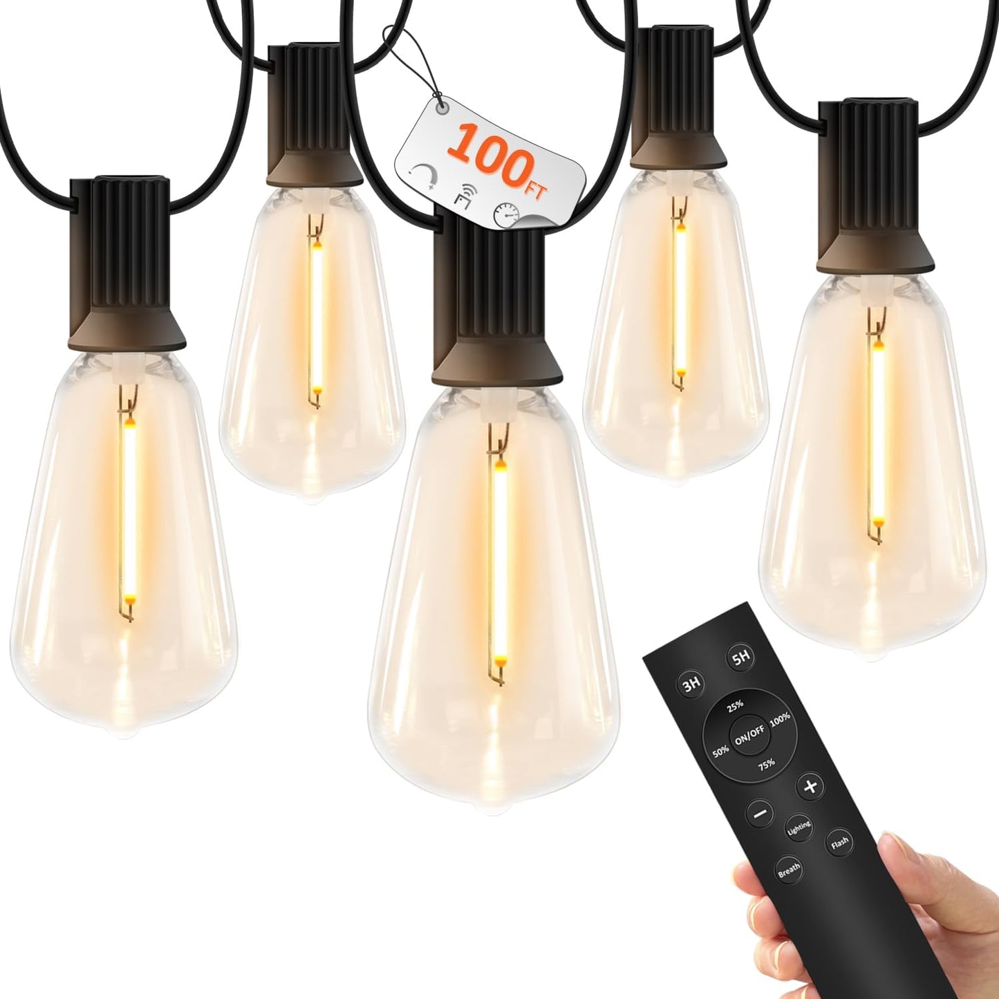 100 FT Waterproof Outdoor String Lights with Dimmable ST38 LED Bulbs - Shatterproof, 3 Light Modes for Patio & Backyard
