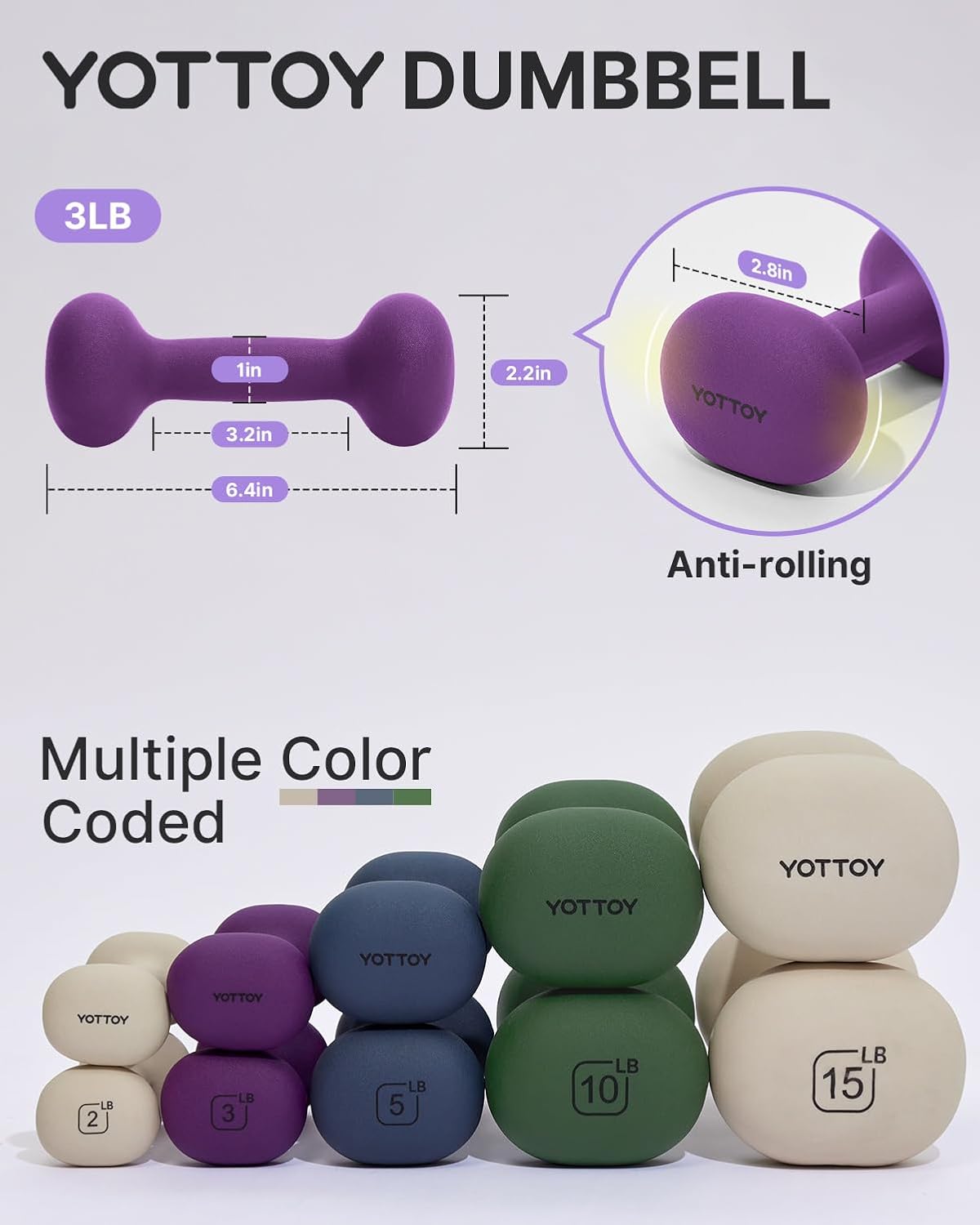 YOTTOY Dumbbell Set for Women - 2 to 15 Pound Non-Slip Hand Weights for Home Workouts | Portable Neoprene