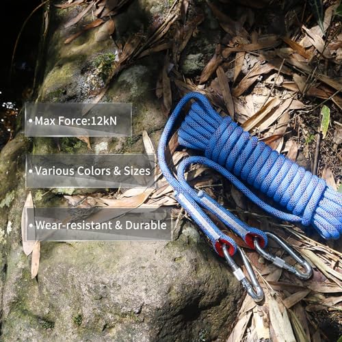 NewDoar 10mm Climbing Rope 33ft/10m with 2 Steel Hooks, 12kN, Blue